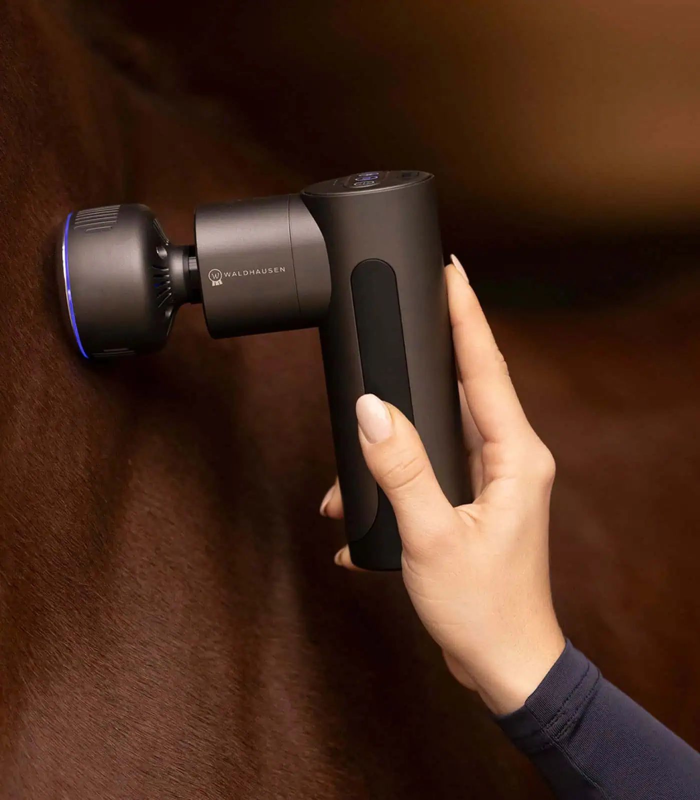 Waldhausen W-Health + Care Massagegerät Pro, Hot & Cold für Pferde, im Einsatz, in der Hand