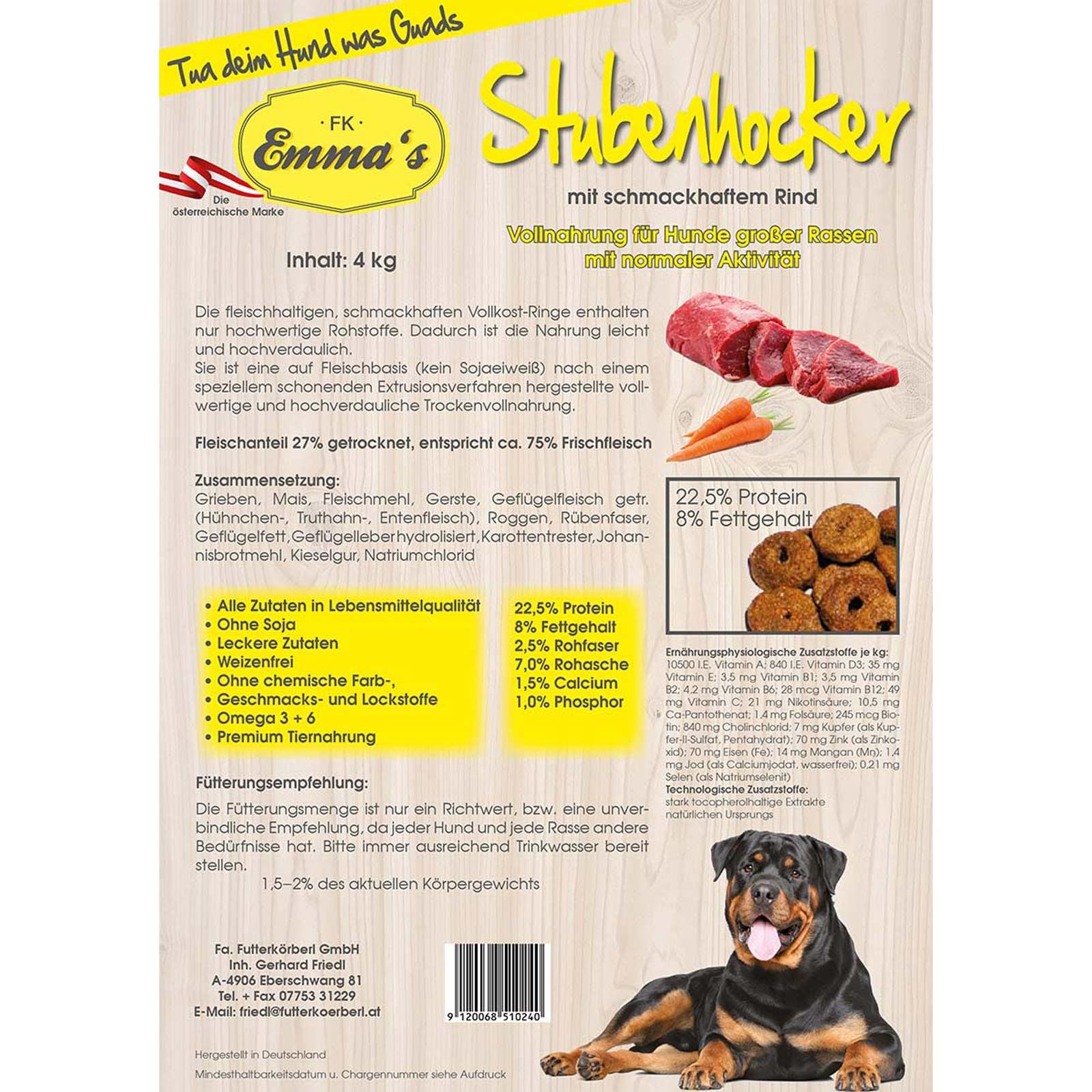 Emmas Stubenhocker Crocchette per cani adulti con manzo, vista posteriore