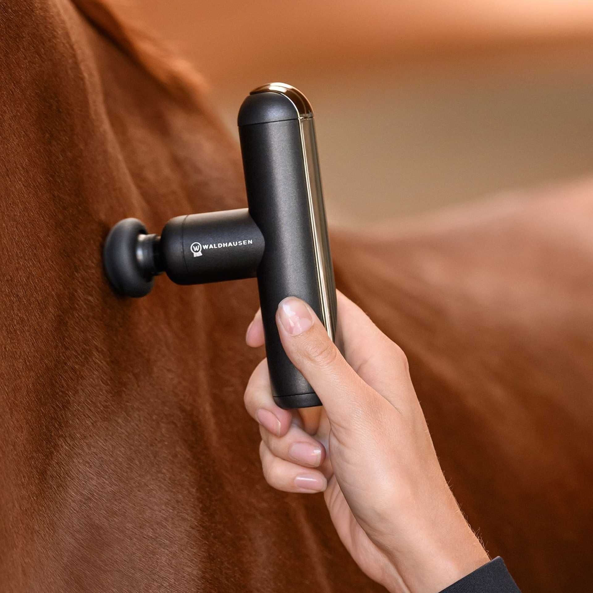 therapeutic massager, handheld device, black, wall-mounted attachment?, brand visible Waldhausen