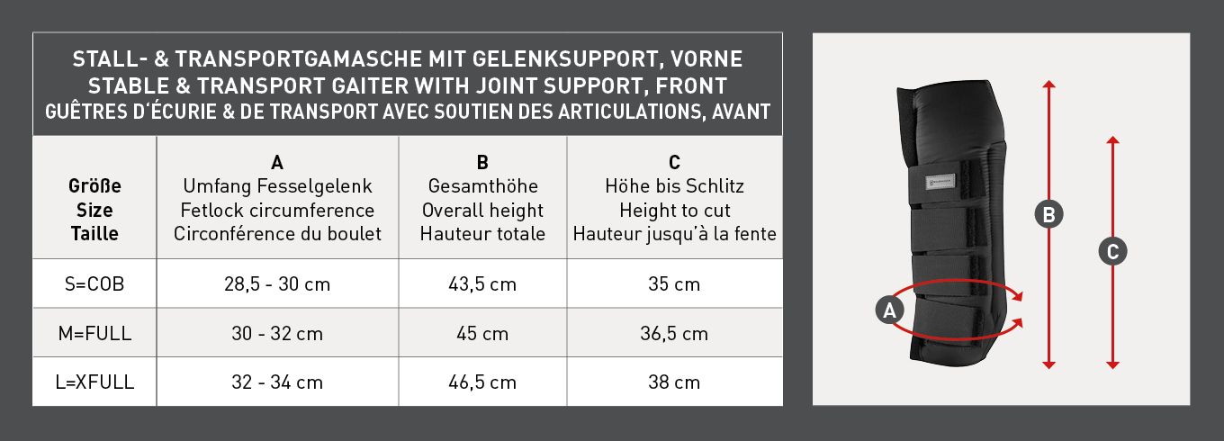 Waldhausen Stall- & Transportgamasche mit Gelenksupport, schwarz, Maßzeichnung