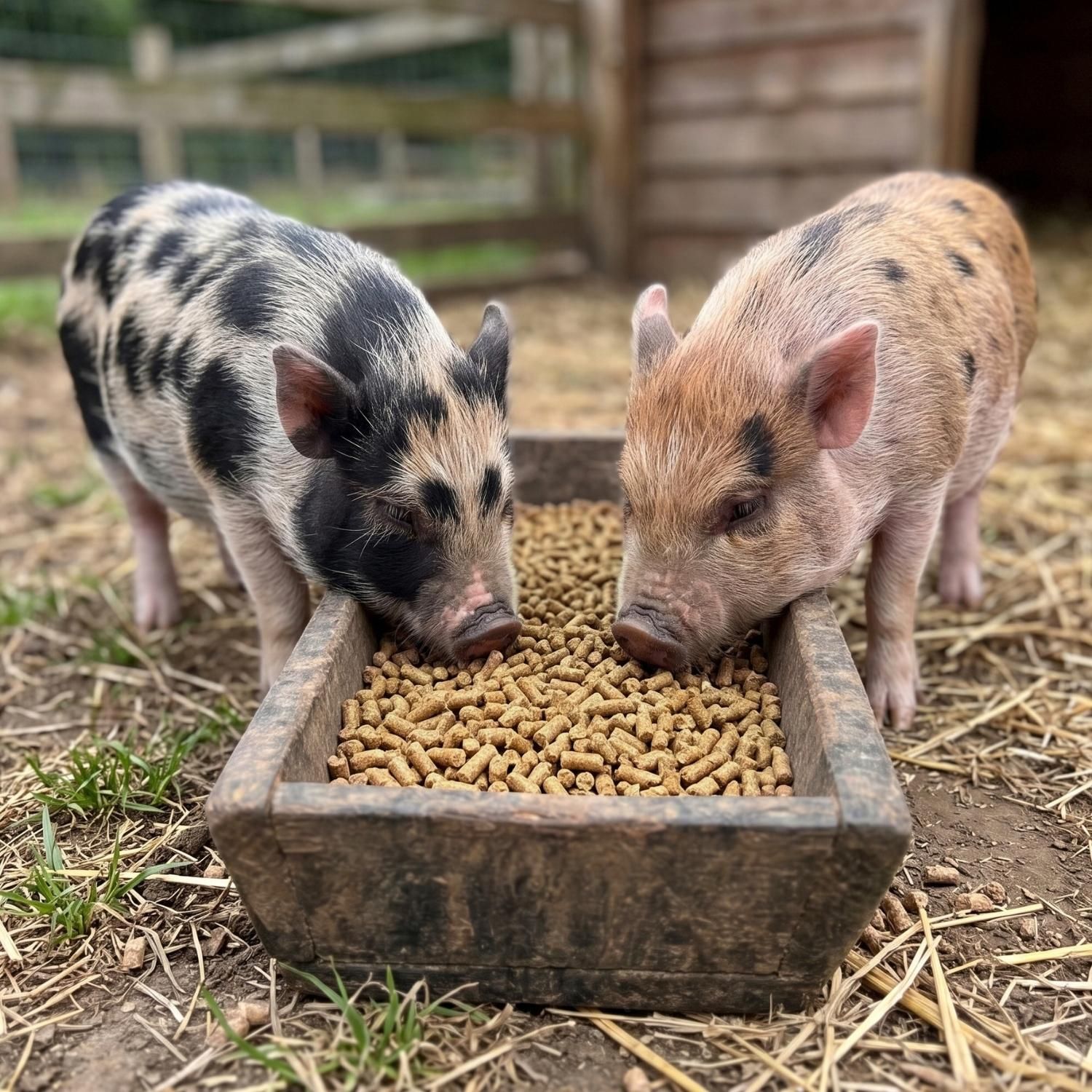 Zwei Minischweine fressen Agrarzone Pellets aus einem Holztrog