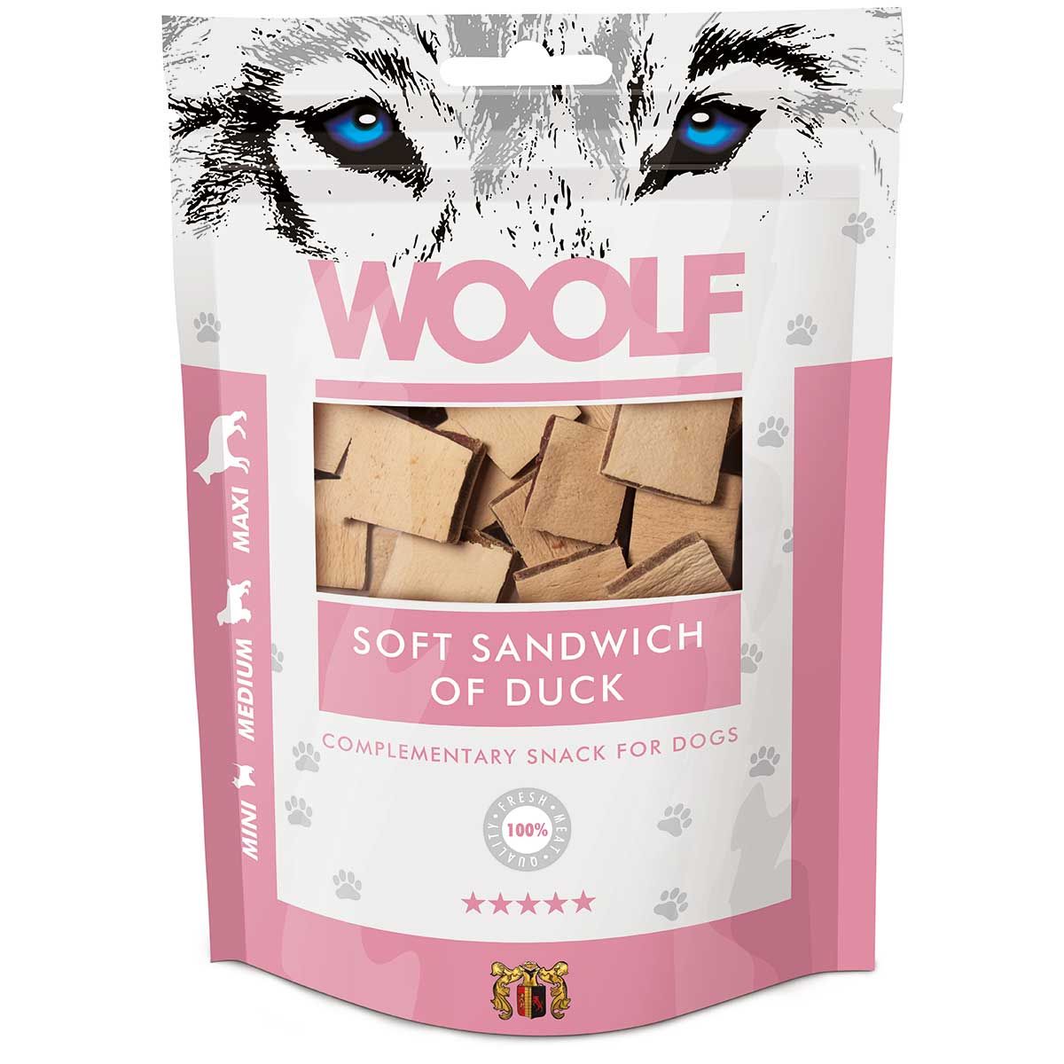 Woolf Dog treat soft sandwich of duck, packaging