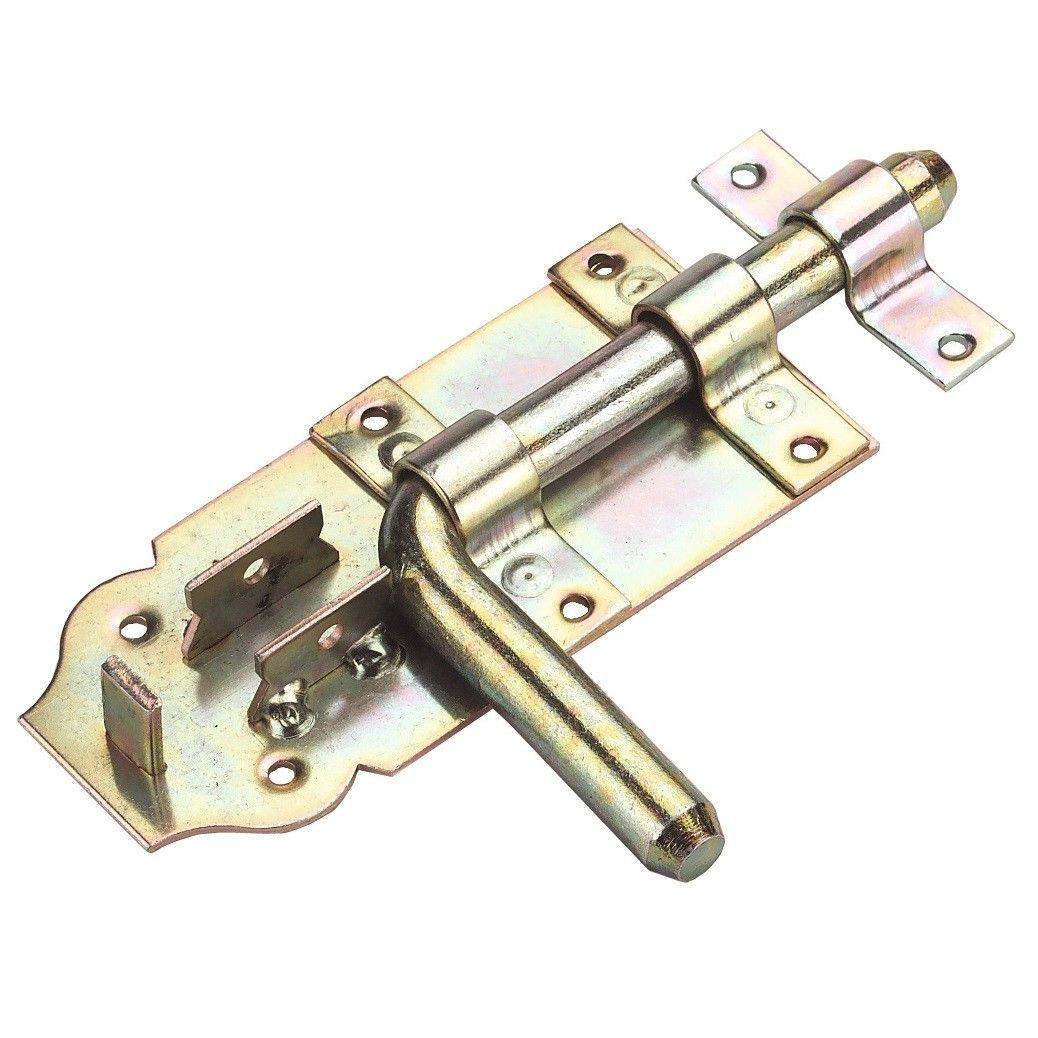 Gold-coloured metal latch with flap for locking a door