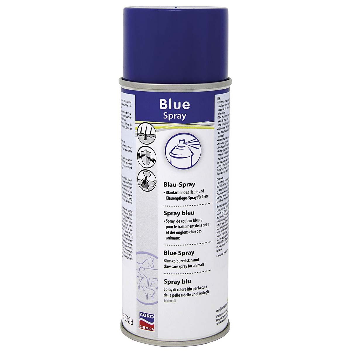 blaue spraydose mit aufschrift blue spray, weisses etikett mit symbolen und mehrsprachigem text