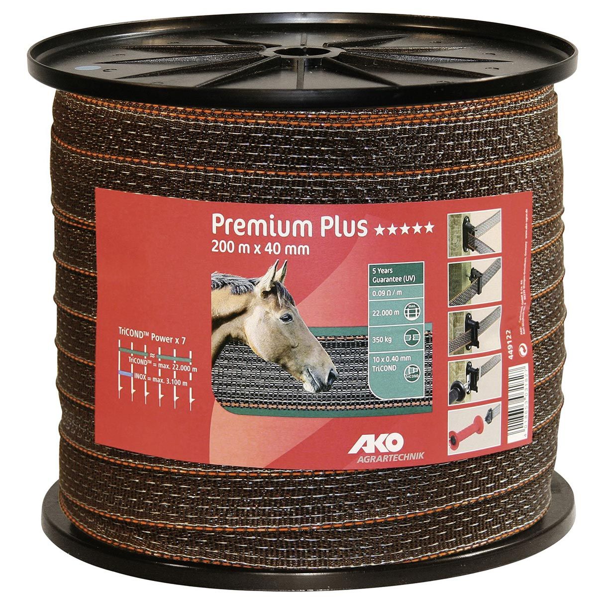 AKO bandă pentru gard electric Premium Plus 200m, 0,40 TriCOND, maro-portocaliu 200 m x 40 mm