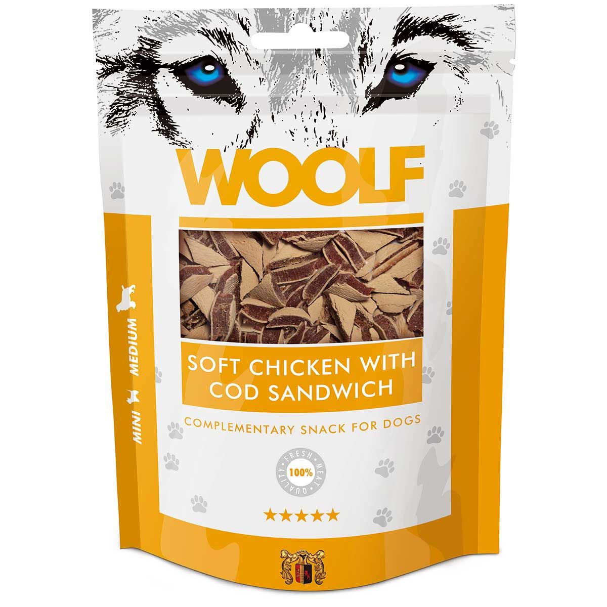 Woolf Dog Treat Sandwich di pollo e merluzzo, confezione