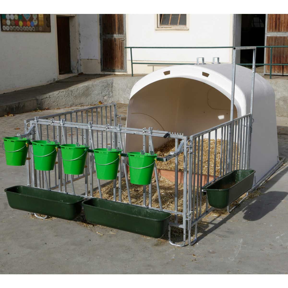 Niche à veaux Kerbl CalfHouse Premium XL, iglou de groupe pour veaux, en utilisation, à l'écurie