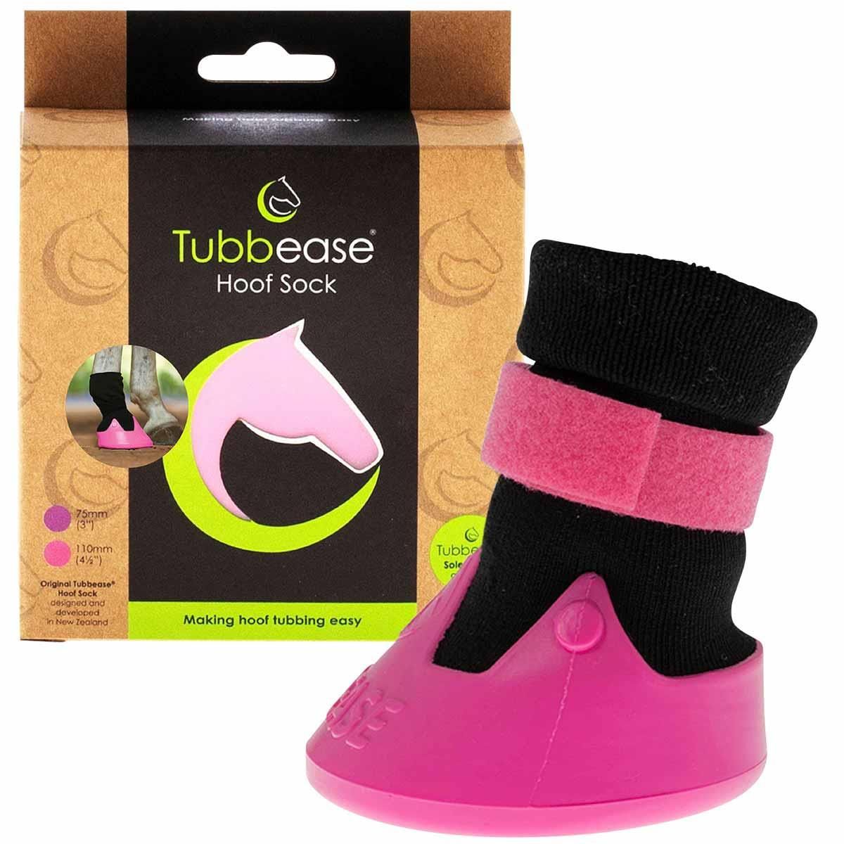 Verpackung und pinkfarbener Hufschuh Tubbease Hoof Sock mit schwarzem Stoffteil