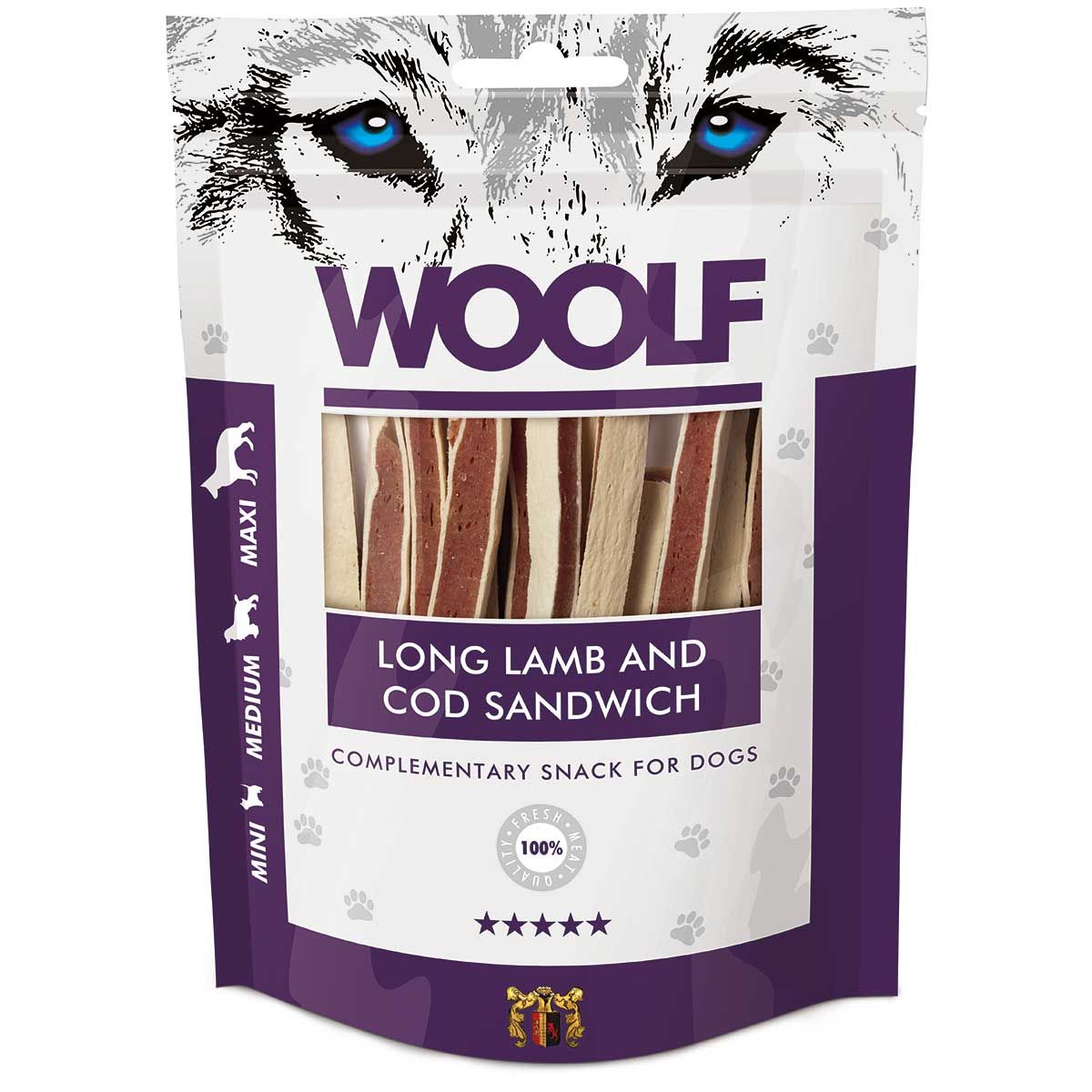 Woolf hundgodis lamm- och torsksmörgås, förpackning