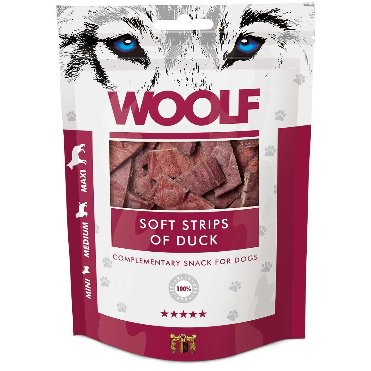Woolf Snack per cani a strisce morbide gusto anatra, confezione